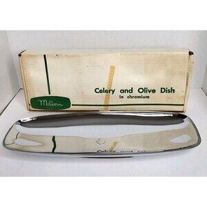 Vintage Milbern Celery and Olive Dish in Chromium Wood Base - Original Box - MCM
